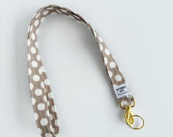 Lanyard / ID Badge / linen brown polka dot