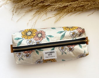 Rainbow dreams floral cream and pink boxy brush pencil bag - makeup bag - storage bag