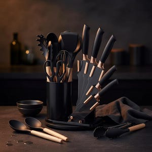 Może przedstawiać: Czarny zestaw noży kuchennych ze złotymi akcentami i pasującym zestawem przyborów kuchennych. Noże są prezentowane w czarnym bloku, a przybory w czarnym uchwycie. Dwie czarne łyżki z drewnianymi uchwytami znajdują się na pierwszym planie.