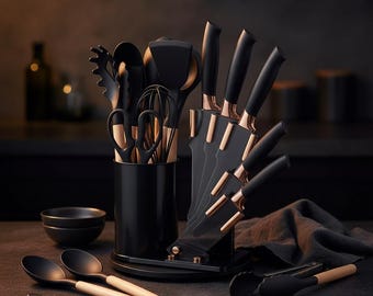 Black & Rose Gold 14-Piece Knife and Utensil Set with Stand