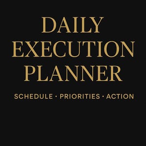 May include: A black planner with gold lettering that reads "DAILY EXECUTION PLANNER." Below the title are the words "SCHEDULE • PRIORITIES • ACTION." The brand name "NMAGINERY Finds" is at the bottom. The planner is designed for daily scheduling and prioritizing tasks.