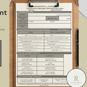 Notary Signing Agent Intake Sheet 2026 | Loan Signing Prep Checklist | Mobile NotaryJournal Log Insert | Real Estate Closing Form PDF