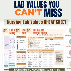 以下が含まれることがあります： Lab Values You Can't Missと題された看護師向け検査値の3ページ構成のチートシート。電解質、腎機能、肝機能、血算の表が記載されており、色分けされたセクションとアイコンで構成されています。