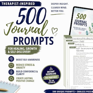May include: A digital download featuring 500 journal prompts for self-discovery, healing, and growth. The design includes text and icons, with a tablet displaying prompts and a stack of printed pages. The prompts aim to boost self-awareness and reduce stress.