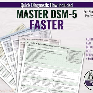 May include: A set of diagnostic reference sheets titled Master DSM-5 Faster, featuring clinical criteria for disorders including ADHD, ASD, Bipolar I, OCD, and Bulimia. The documents are organized with sections for symptoms, clinical snapshots, and flow.
