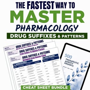 Könnte beinhalten: Ein Pharmakologie-Lernpaket mit drei Seiten zu Arzneimittelsuffixen und -mustern sowie einem digitalen Tablet, das 500 Therapeutic Anxiety Prompts anzeigt. Der Text enthält The Fastest Way To Master Pharmacology und Cheat Sheet Bundle.