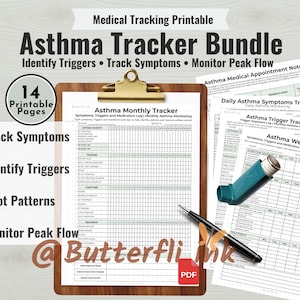 Afdrukbare astmatracker | Astmasymptoom- en triggertracker | Piekstroomlogboek | Astmabewakingsbundel | Afdrukbaar astmabeheer