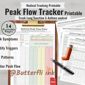 Könnte beinhalten: Druckbares medizinisches Tracking-Set zur Asthmakontrolle. Enthält einen Peak-Flow-Tracker, Symptom- und Trigger-Protokolle sowie Terminhinweise. 14 druckbare Seiten zur Überwachung der Lungenfunktion und Asthmakontrolle.