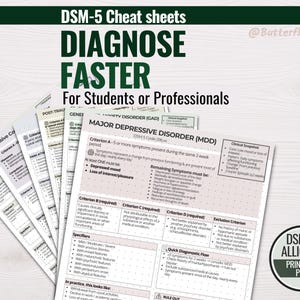 May include: Printable DSM-5 cheat sheets for students and professionals, featuring diagnostic criteria for mental health conditions. The sheets include information on Major Depressive Disorder and Anxiety Disorder. Text includes "Diagnose Faster" and "DSM-5 Alligned Printable PDF."