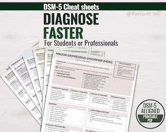 May include: A stack of printable DSM-5 cheat sheets for students and professionals. The sheets feature diagnostic criteria for various mental health conditions, including Major Depressive Disorder and Anxiety Disorder. The text reads "Diagnose Faster" and "DSM-5 Alligned Printable PDF."
