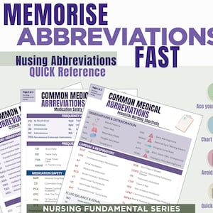 以下が含まれることがあります： MEMORISE ABBREVIATIONS FASTおよびCOMMON MEDICAL ABBREVIATIONSというテキストが記載された3ページの看護基礎シリーズのリファレンスガイド。各ページには、医療用語、心臓、呼吸器、検査の略語がアイコンと共にリストされています。