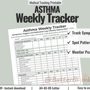 Op de afbeelding: Een afdrukbare wekelijkse astmatracker met een lichtgrijze achtergrond. Het document bevat secties voor het volgen van symptomen, piekstroom en triggers. Tekst op het document is "Astma Weekly Tracker" en "Track Symptoms, Spot Patterns, Monitor Peak Flow."
