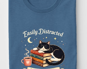 Easily Distracted by Cats & Books Shirt, Book Lover Cat Shirt, Cozy Reader Gift, Bookish Cat Sweatshirt, Reader Aesthetic Tee
