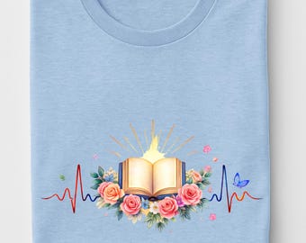 Camiseta con latidos para amantes de los libros, camiseta de lectura, camiseta con estampado floral de libros, regalo para lectores, camiseta para ratones de biblioteca