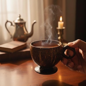 Może przedstawiać: Parująca filiżanka herbaty w kubku ze skorupy kokosa z ciemnym uchwytem. Srebrny imbryk i zapalona świeca w tle tworzą ciepłą, zachęcającą atmosferę.
