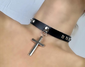 Gothic Black Leather Choker with Silver Cross – Studded Punk Necklace, Adjustable Alt Fashion Collar