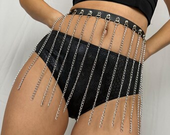 Black Leather Fringe Chain Belt | Gothic Waist Chain Harness | BlackWagon Leather & Aluminum | Rave Fetish Body Jewelry