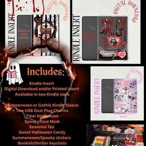 May include: A Summerween Kindle box set featuring digital download inserts, clear Kindle cases with spooky graphic designs, USB dust plug charms, a face mask, seasonal tea, Halloween candy, stickers, a keychain, and a QR code for a blind date with a book.