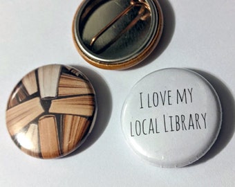 I Love My Local Library + Books - SMALL 1 inch wearable pins. Perfect gift for book lovers and readers, public library, librarian, Reading