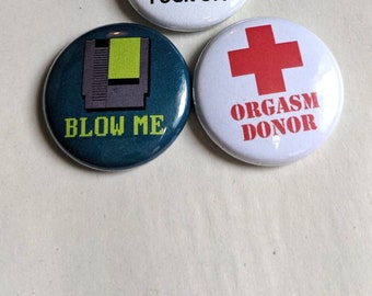 Naughty Adult Pins - Mature Content - Game Cartridge Blow Me, Orgasm Donor, Foff Badges | Small 1 Inch