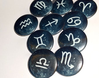 Zodiac Buttons | 1.5 Inch Pins, Magnets or Keychains > Blue Galaxy, Stars Milky way - horoscopes - Astrology - Flair - Badge - Celestial