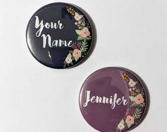 Personalized floral Purple Name Buttons - Family Tree, Nurse, Teacher with a bunch of flowers - 1.5 inch Pin, Keychain, Magnet