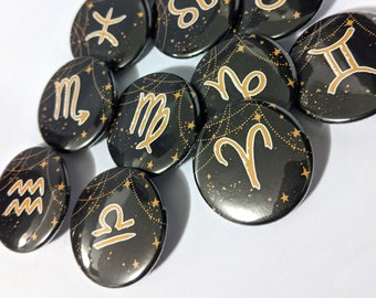 Zodiac Sign Buttons | 1.5 Inch Backpack Pins, Fridge Magnets or Key chains. Horoscope, Rising Sign, black gold sky Astrology, Sun Moon Signs