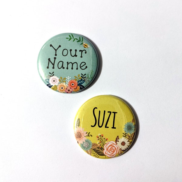 Pretty Yellow and Blue Custom Name buttons - Flowers, Bees, nature, school, family tree | Medium 1.5 inch Pinback button, Keychain, Magnet