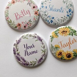 Flower Wreath CUSTOM Name buttons 1.5 inch Pinback buttons, Keychains, Magnets image 1