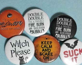 Varied Halloween Themed Buttons  | 1.5 Inch Pins, Magnets or Keychains