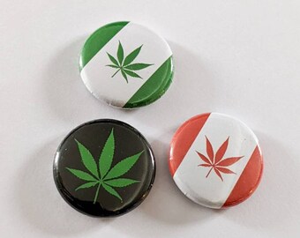 Pot Leaf Flags SMALL 1 inch wearable Pins - Green weed leaf, Red Canadian cannabis leaf, 420 Black badge