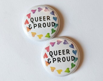 Queer & Proud, Rainbow LGBTQ Flag - Wearable Buttons | Small 1 Inch Pins