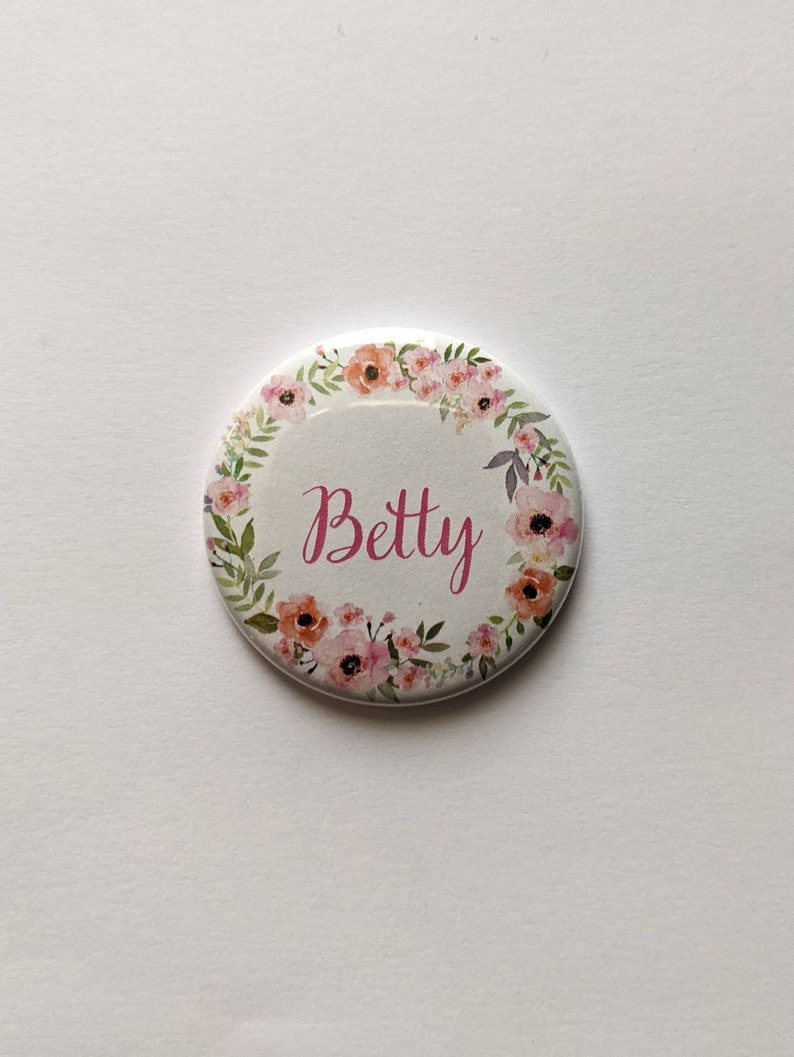 Flower Wreath CUSTOM Name buttons 1.5 inch Pinback buttons, Keychains, Magnets Pink Wreath