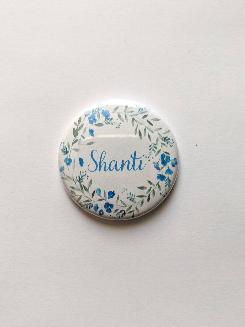 Flower Wreath CUSTOM Name buttons 1.5 inch Pinback buttons, Keychains, Magnets Blue Wreath