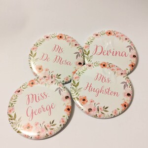 Large Flower Wreath Custom Name Pins 2.25 inch Pinback Buttons, Magnets, Mirror image 3