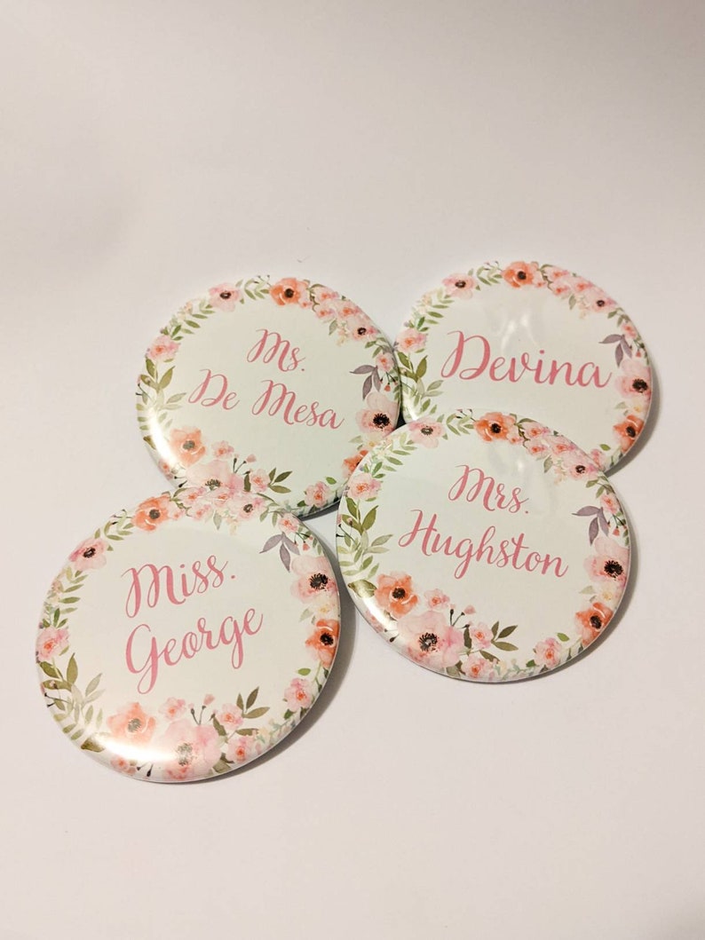 Large Flower Wreath Custom Name Pins 2.25 inch Pinback Buttons, Magnets, Mirror image 3