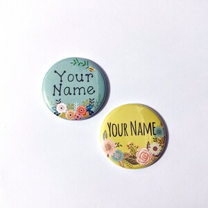 Pretty Yellow and Blue Custom Name buttons Flowers, Bees, nature, school, family tree Medium 1.5 inch Pinback button, Keychain, Magnet image 4