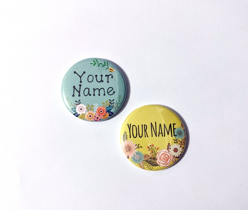 Pretty Yellow and Blue Custom Name buttons Flowers, Bees, nature, school, family tree Medium 1.5 inch Pinback button, Keychain, Magnet image 4