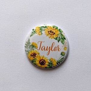 Flower Wreath CUSTOM Name buttons 1.5 inch Pinback buttons, Keychains, Magnets Sunflower Wreath
