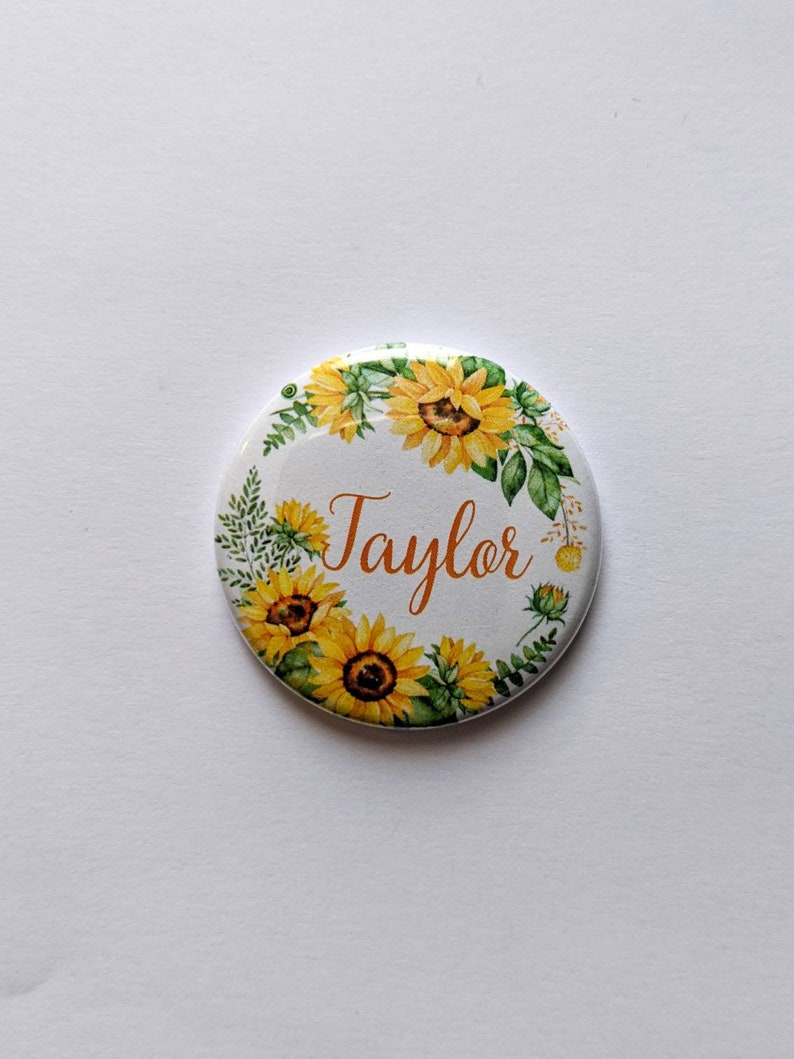 Flower Wreath CUSTOM Name buttons 1.5 inch Pinback buttons, Keychains, Magnets Sunflower Wreath
