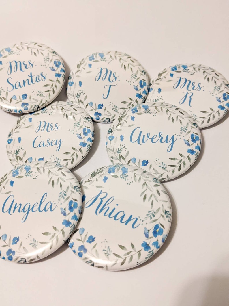 Large Flower Wreath Custom Name Pins 2.25 inch Pinback Buttons, Magnets, Mirror image 2