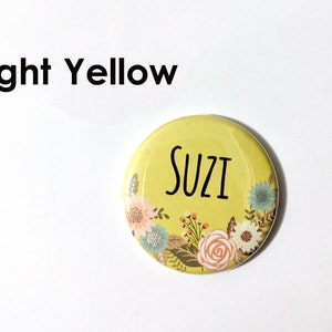 Pretty Yellow and Blue Custom Name buttons Flowers, Bees, nature, school, family tree Medium 1.5 inch Pinback button, Keychain, Magnet Light Yellow