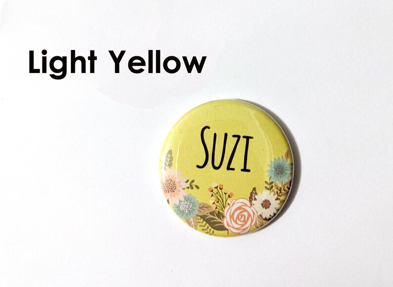 Pretty Yellow and Blue Custom Name buttons Flowers, Bees, nature, school, family tree Medium 1.5 inch Pinback button, Keychain, Magnet Light Yellow