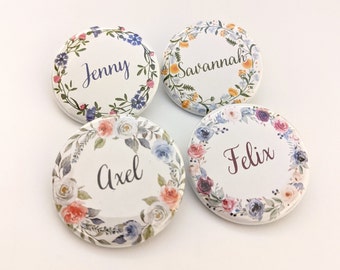 Personalized Spring Floral Buttons MEDIUM 1.5" Pins, Keychains, or Fridge Magnets