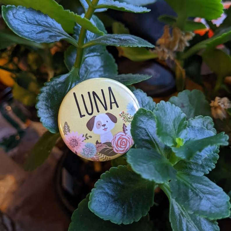 Pretty Yellow and Blue Custom Name buttons Flowers, Bees, nature, school, family tree Medium 1.5 inch Pinback button, Keychain, Magnet image 3