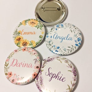 Large Flower Wreath Custom Name Pins 2.25 inch Pinback Buttons, Magnets, Mirror image 1
