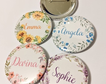 Large Flower Wreath Custom Name Pins | 2.25 inch Pinback Buttons, Magnets, Mirror