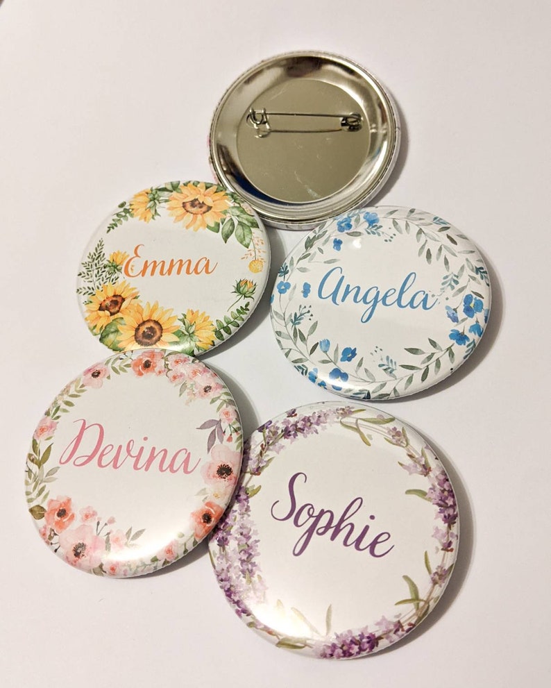 Large Flower Wreath Custom Name Pins 2.25 inch Pinback Buttons, Magnets, Mirror image 1