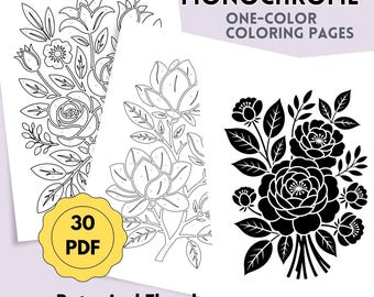 Monochrome Botanical Floral Coloring Pages, One Color Art, Stress Relief (Digital Download)