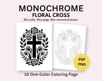 Monochroom bloemenkruis kleurplaten, christelijke kunst, eenvoudige kleurplaten voor volwassenen (10 pdf, png)